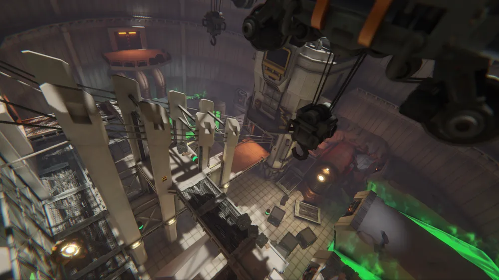 Изображение интерьера с высокими потолками и промышленным оборудованием, возможно, из видеоигры или научно-фантастического контекста.