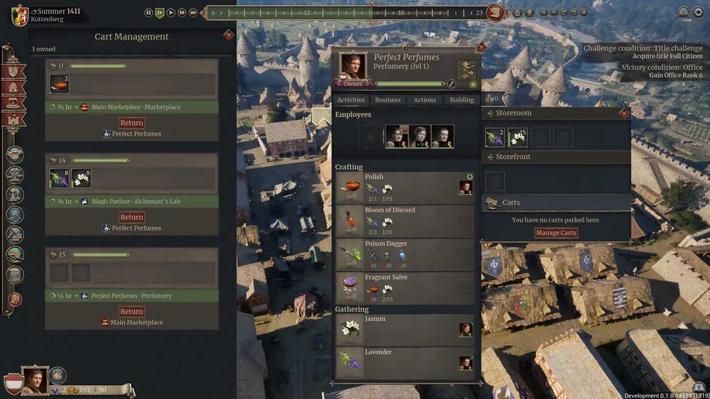 Изображение из игры, показывающее интерфейс управления, здания и персонажей. Вид на город с высоты.