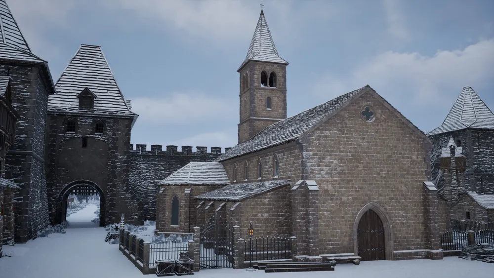 Зимний пейзаж с замком и церковью, покрытыми снегом.