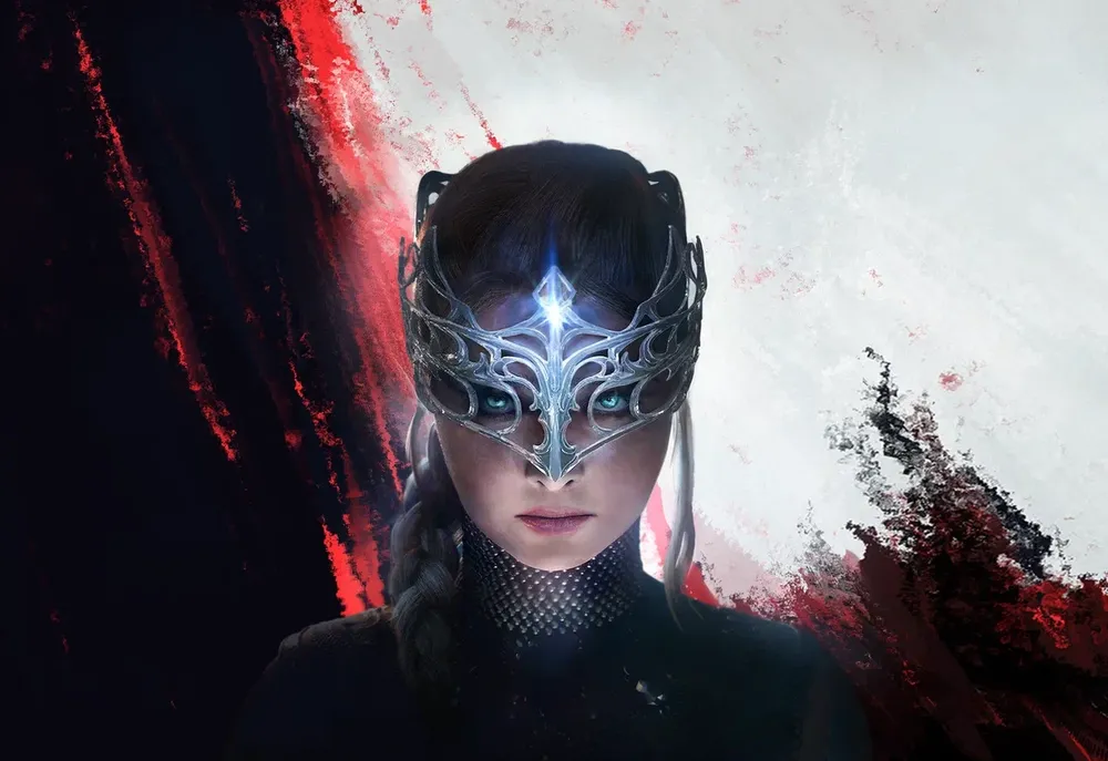 Изображение женщины в доспехах с короной, художественное оформление с элементами фэнтези и абстрактным фоном.