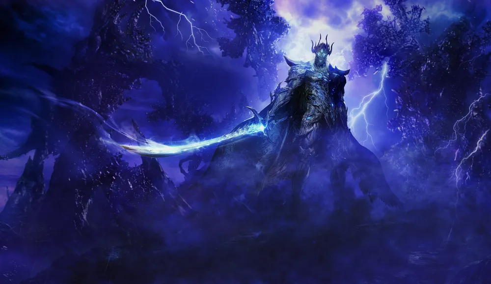 Изображение фэнтезийного персонажа в темном окружении с мечом, элементы магии и мистики.