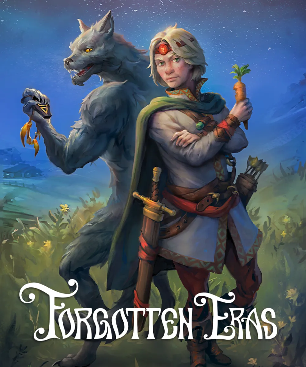 Изображение фантастических персонажей, включая человека и существо, стоящих на фоне природы. Текст внизу: \