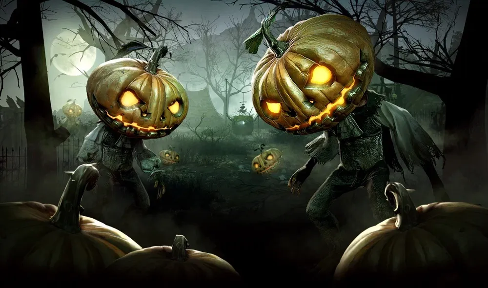 На картинке изображены тыквы с лицами, напоминающие Halloween, в темном лесу. Есть также фигуры с тыквами вместо голов.