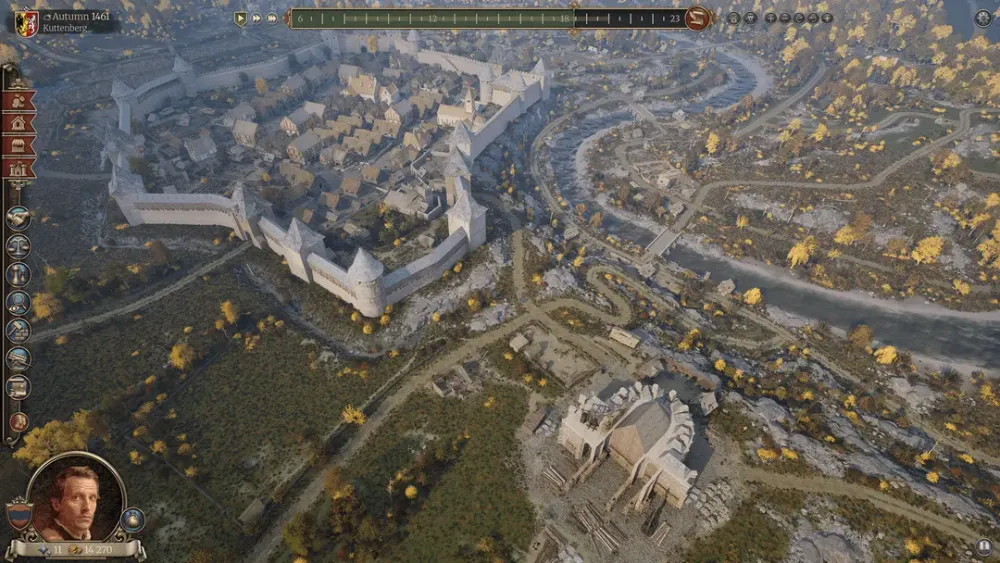 Пейзаж с городом, крепостными стенами и рекой, средневековая архитектура, природа, осень.