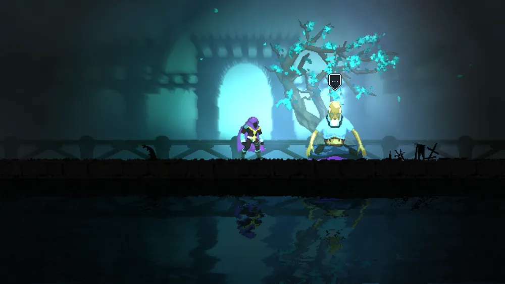 На изображении представлены персонажи из игры в фэнтезийном стиле, с элементами магии, отражение в воде.