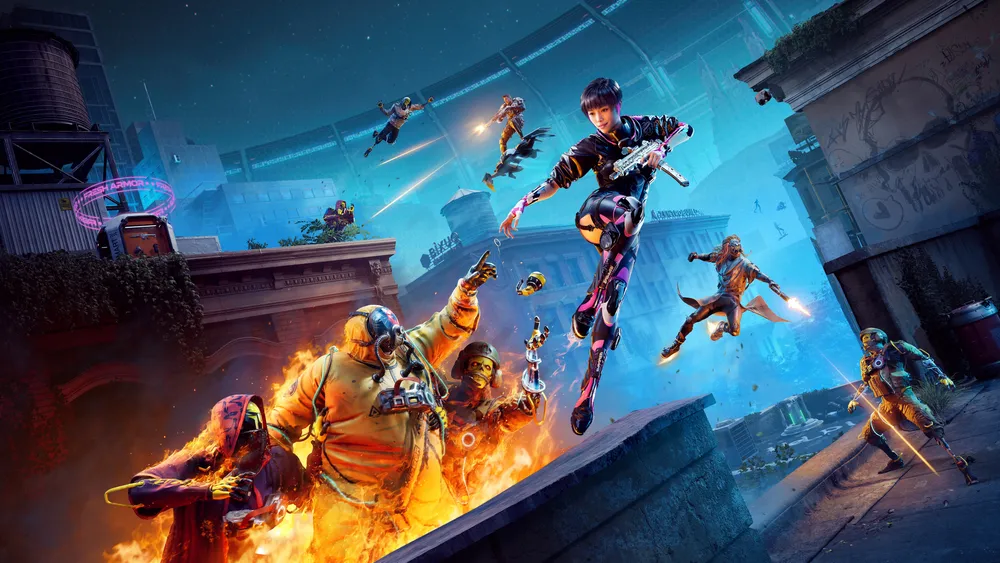 анимация с персонажами, сражающимися с зомби в ярком и фантастическом окружении