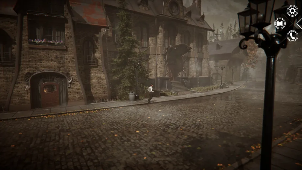 Пейзаж с улицей, зданиями и фонарем. Атмосфера мрачная, возможно, в стиле готики.