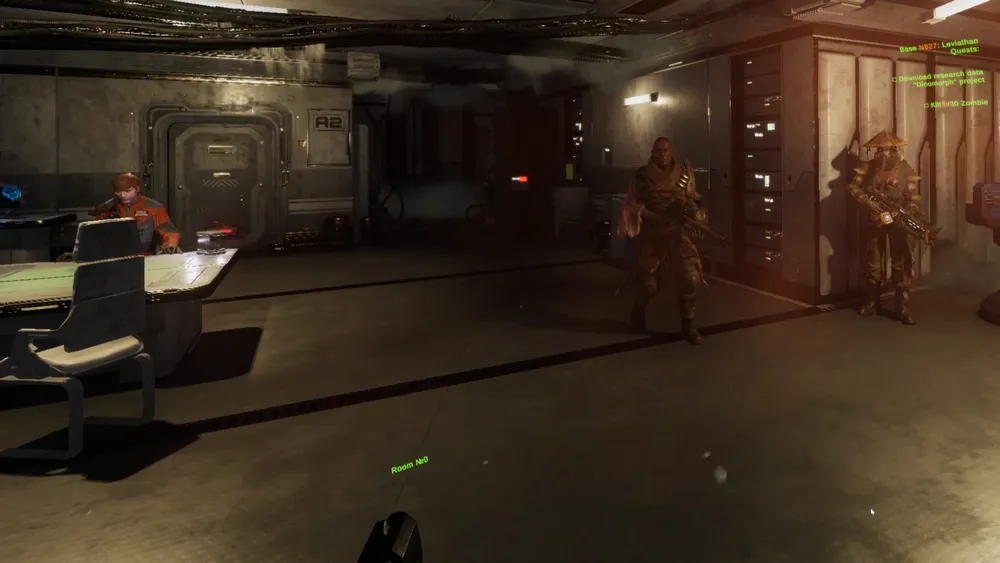 Сцена из игры или фильм с персонажами в помещении, возможно, научно-фантастическая обстановка.