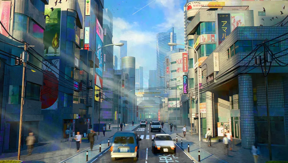 Изображение городского пейзажа с современными зданиями, рекламными вывесками и людьми на улице.