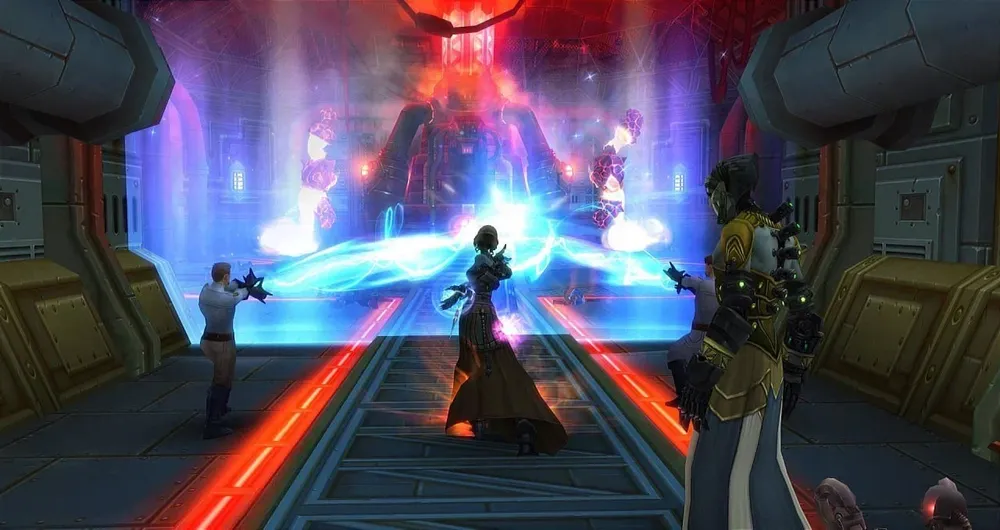 Изображение из видеоигры, с персонажами, использующими оружие, в научно-фантастическом окружении.