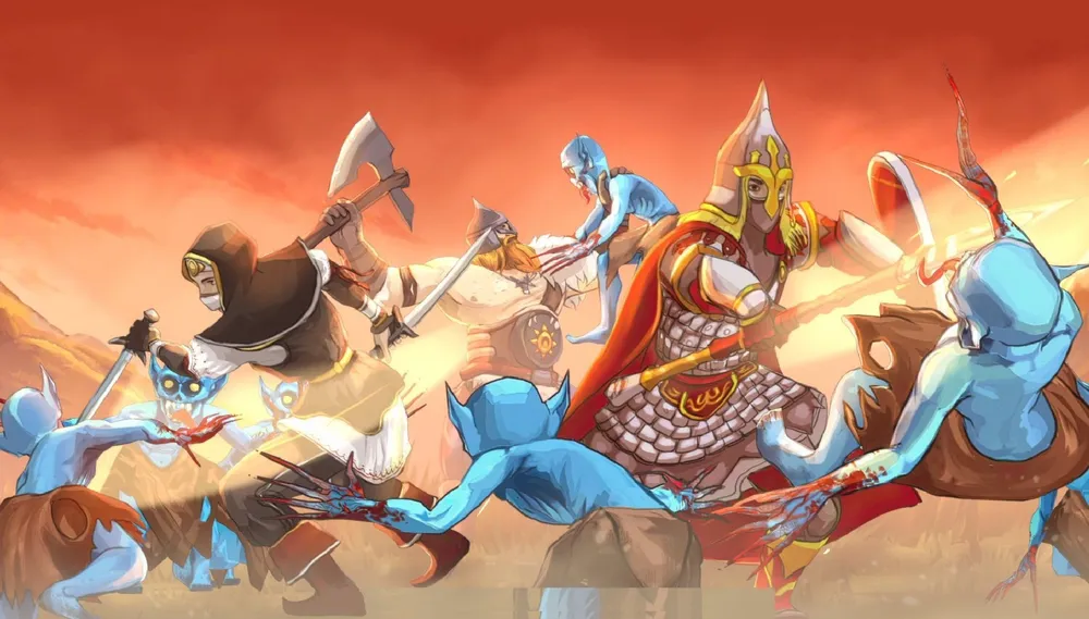 На картинке изображены персонажи в боевой обстановке, с оружием и доспехами, в стилизованной военной сцене.