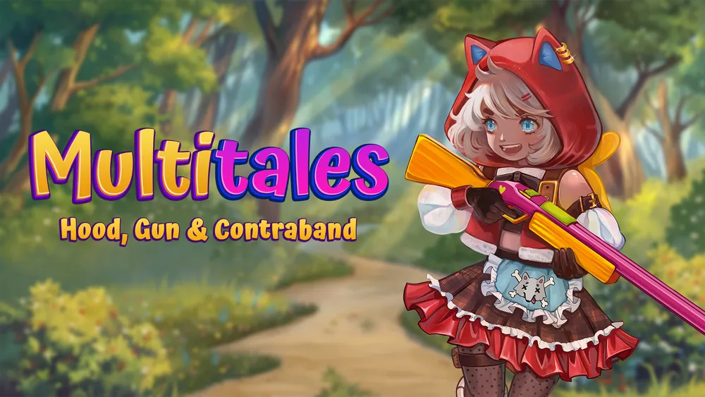 Изображение анимационного персонажа в лесу с оружием, название игры \