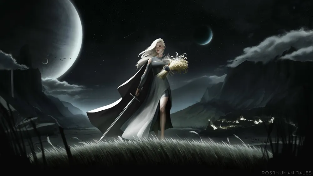 Изображение фантастической сцены с фигурой человека в плаще на фоне луны и облаков.