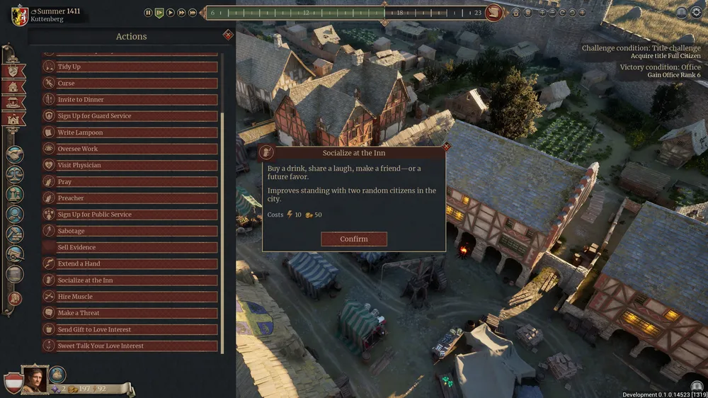 Изображение игрового процесса с видом на город, интерфейс с меню и зданиями.