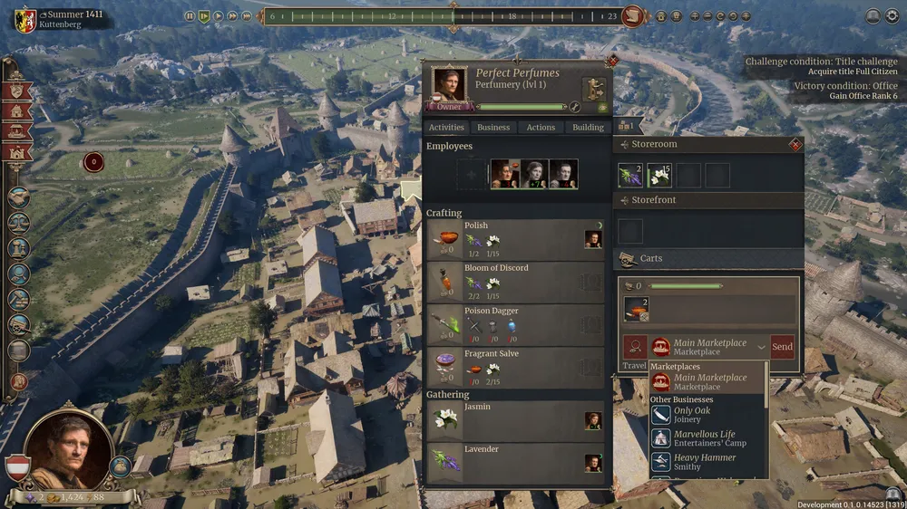 Изображение из видеоигры с интерфейсом управления и видом на городскую местность.