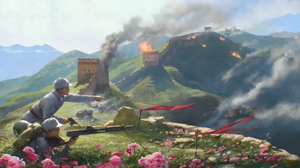 На картинке изображены солдаты, стреляющие из винтовок на фоне гор и пылающих крепостей.