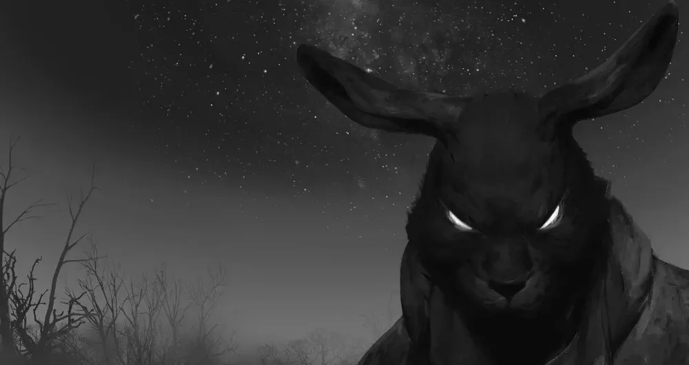 Изображение черного кролика на фоне звездного неба, с яркими глазами.