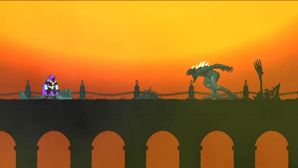 Изображение с анимационными персонажами на фоне заката, один персонаж в фиолетовом одеянии, другой — монстр.