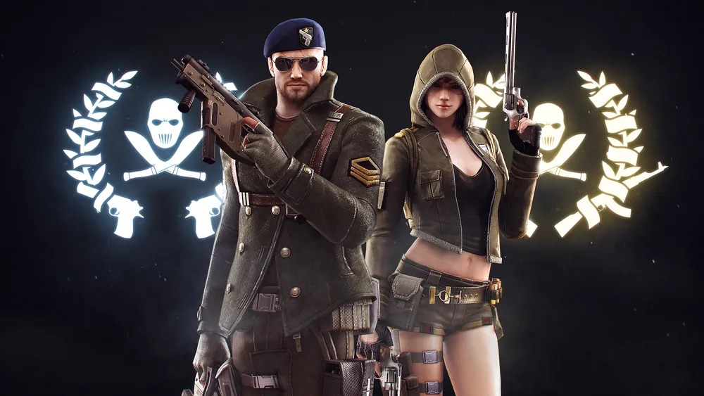 Два человека в военной одежде, с оружием, на фоне символов с черепами.