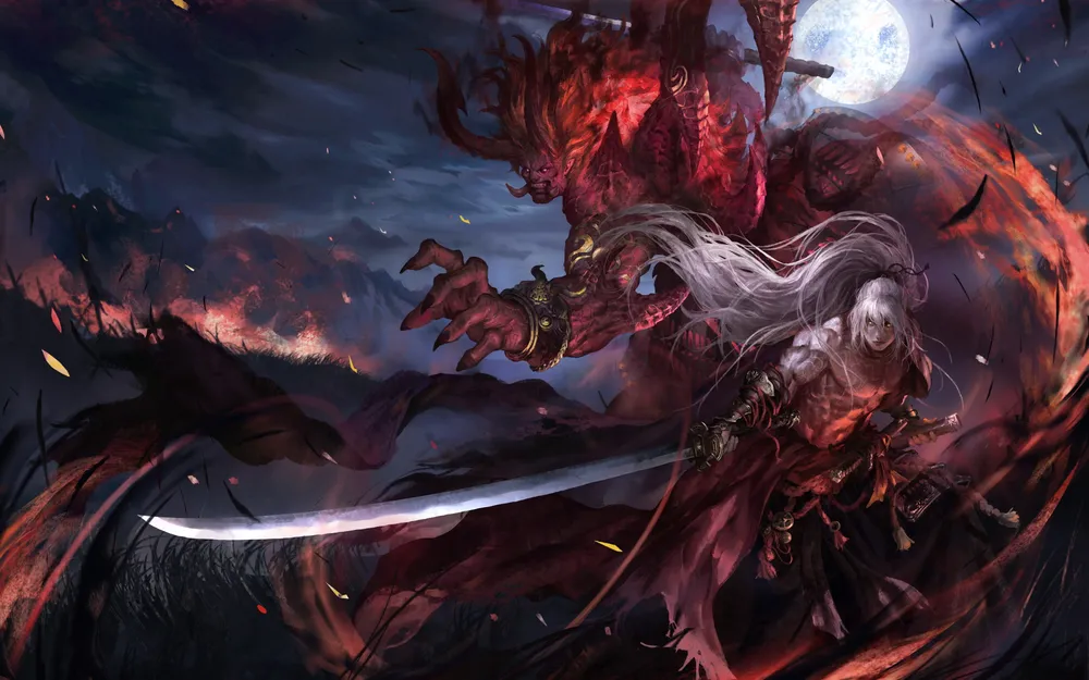 Изображение фэнтезийной сцены с персонажем с мечом и демоническим существом на фоне ночного неба.