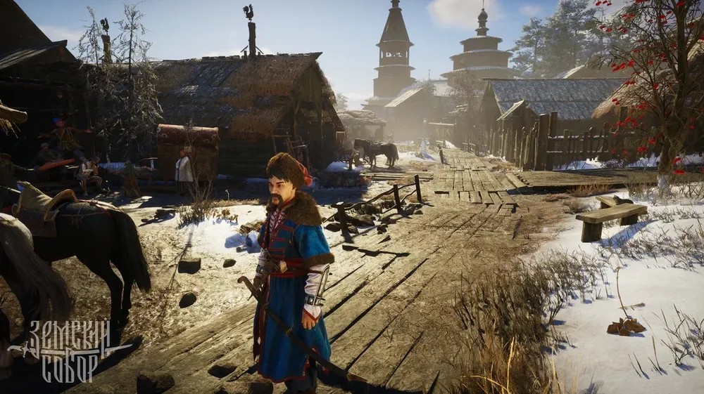 Изображение игрового мира с персонажем, деревенская сцена, лошади, зимний пейзаж.