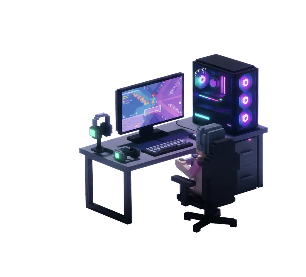 Изображение компьютерного рабочего места с монитором, клавиатурой и игровой системой.