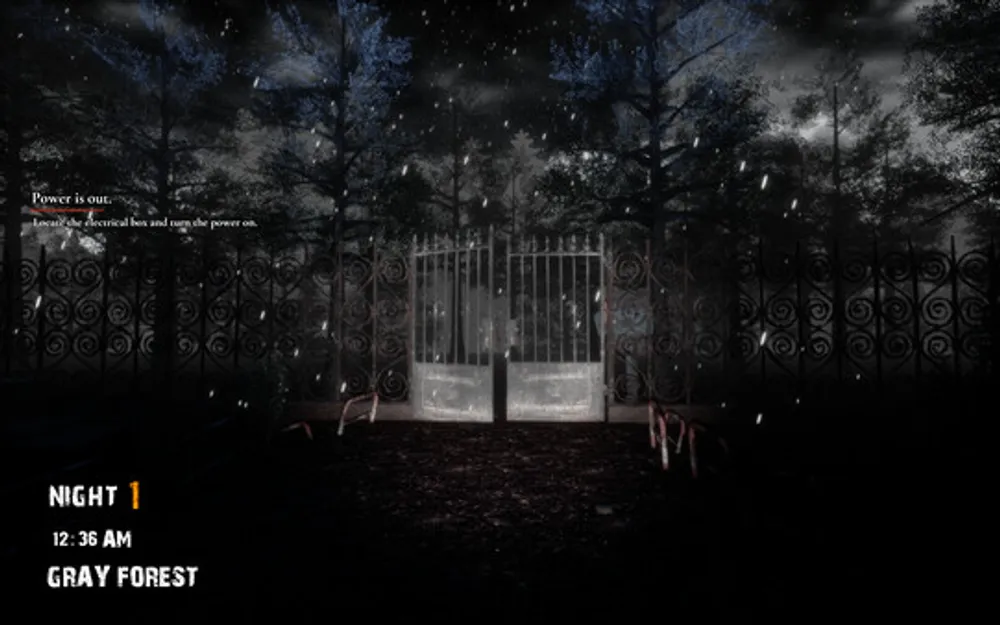 Заброшенные ворота в лесу, темная обстановка, снегопад, текст с надписью \