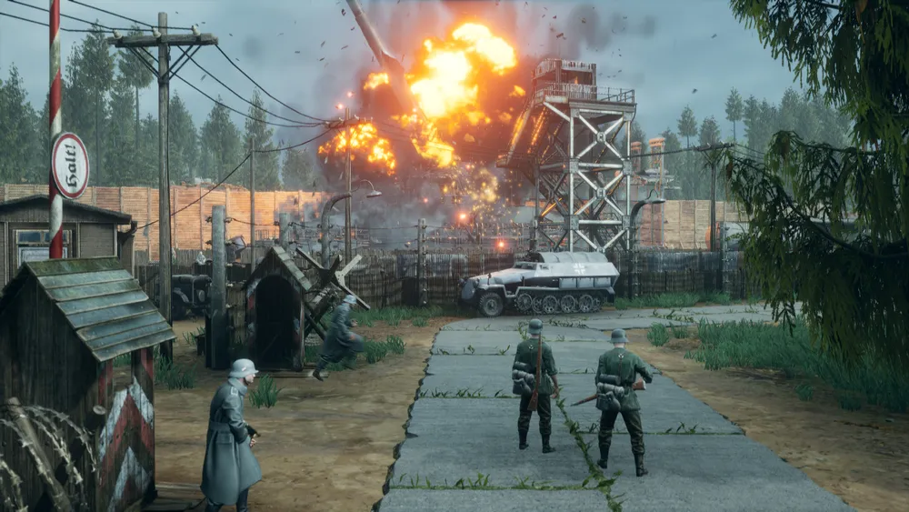 На картинке изображены военные действия, взрыв и солдаты на фоне разрушений.