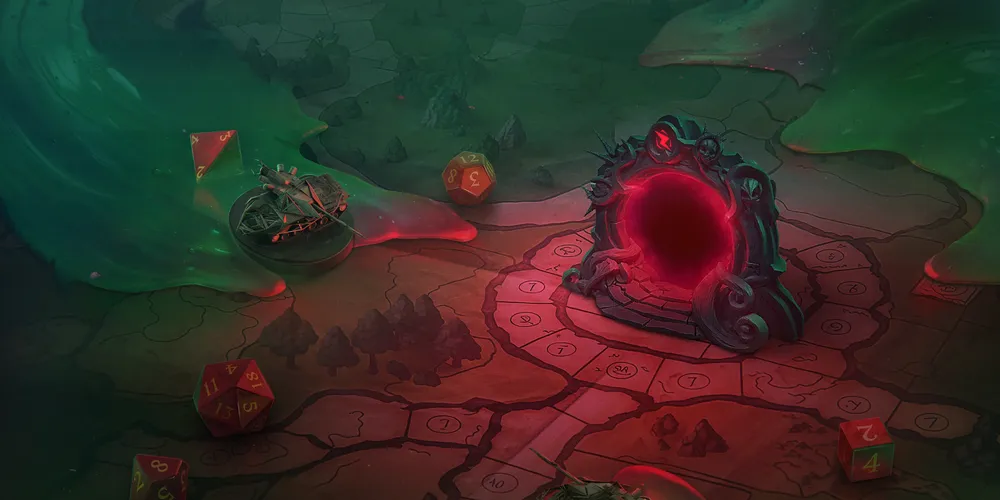 Изображение представляет собой художественное изображение игрового мира с порталами и элементами окружения.