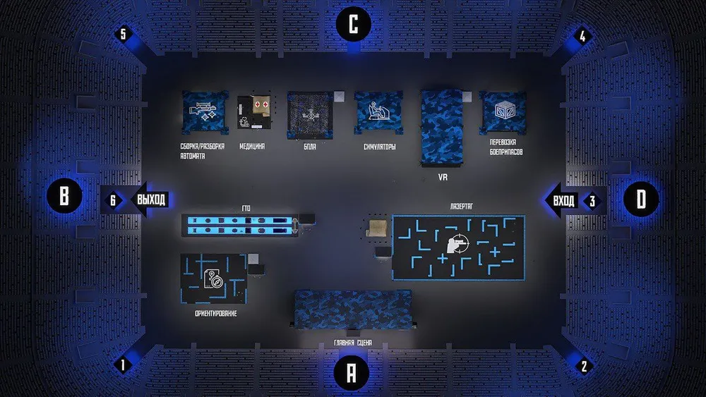 Изображение представляет собой схему помещения с обозначениями и элементами, такими как столы и зоны, выполненными в синем цвете.