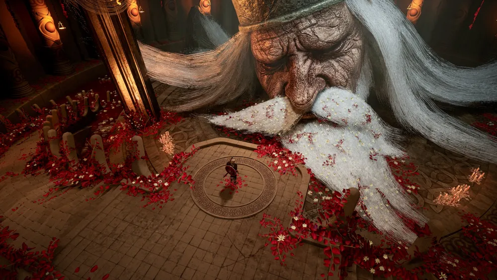 Изображение большого лица с белыми волосами и красными цветами вокруг. В центре находится фигура, окружённая кругом.