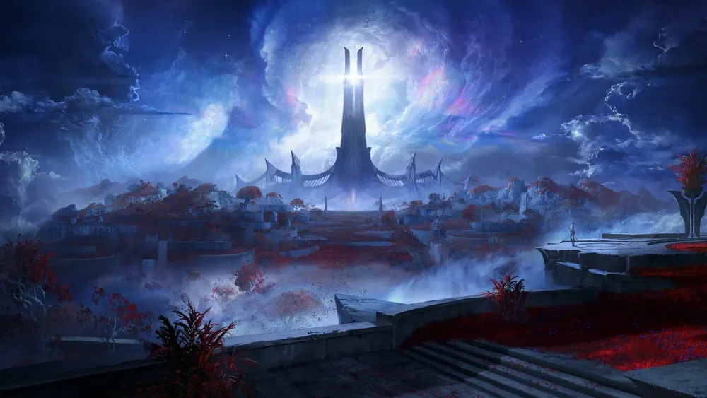 Изображение фантастического пейзажа с высоким зданием на фоне звездного неба и яркими цветами. Сцена с элементами магии или фэнтези.