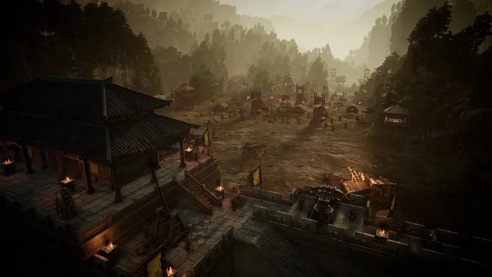 Пейзаж с исторической архитектурой, окружающей природой и низким светом. Сцена выглядит как игровая или художественная интерпретация средневекового поселения.