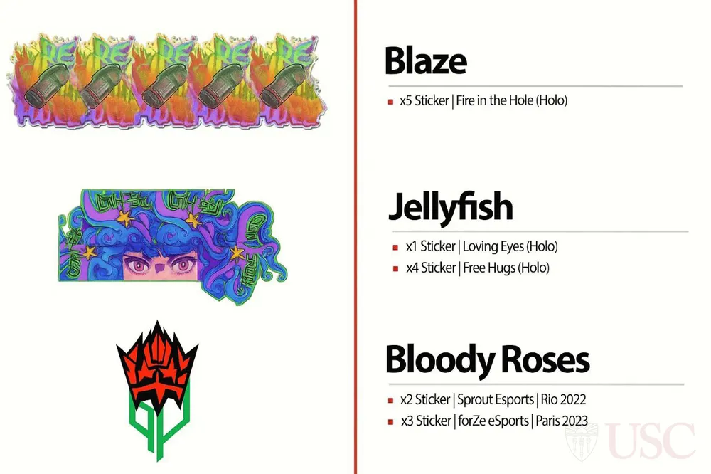 Изображение содержит графику с наклейками, включая стилизации для игр, такие как Blaze, Jellyfish и Bloody Roses.