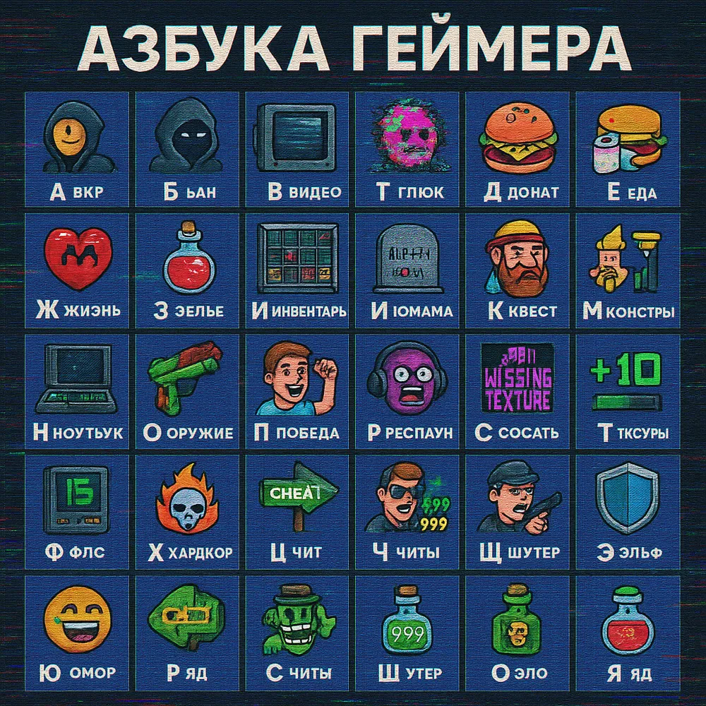 Азбука геймера, пиктограммы и слова, связанные с играми и игровым процессом