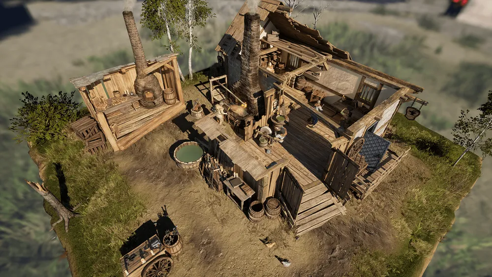 Модель деревянного дома, окружение, сельская местность, предметы быта, природа.