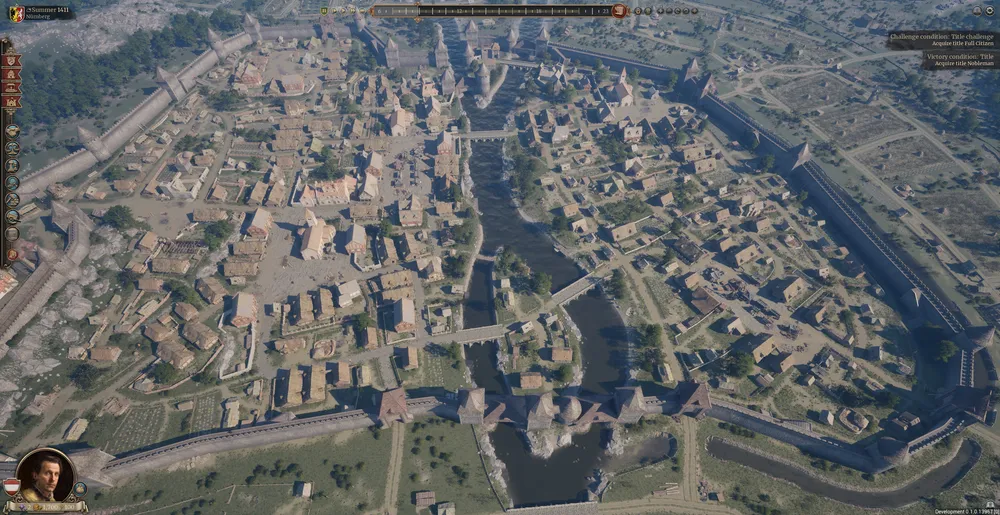 Изображение представляет собой панорамный вид на город с реками и зданиями.