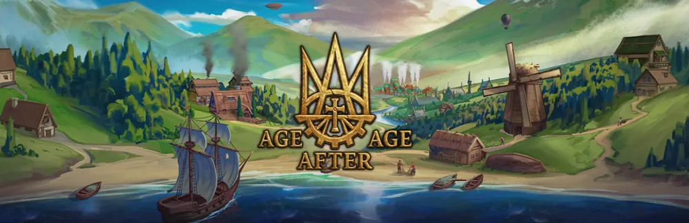 Изображение содержит красочный пейзаж с деревьями, домами и кораблями, а также текст \