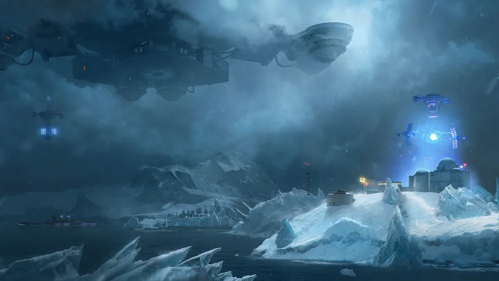 Изображение представляет собой художественную иллюстрацию с ледяными пейзажами и летающими объектами в небе.