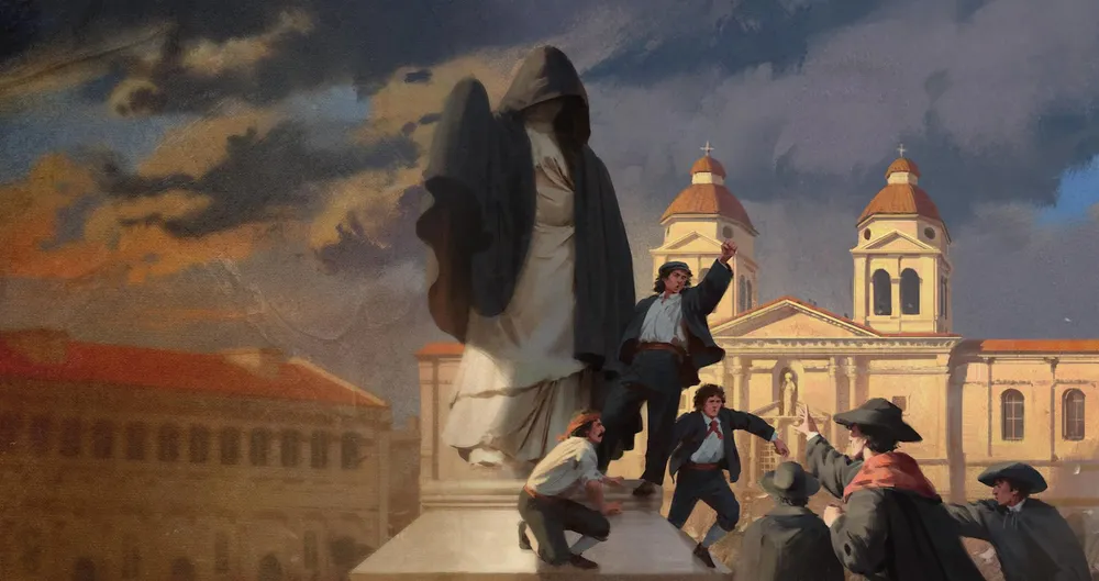 Изображение статуи в окружении людей, возможно, протестующих или восстанавливающих памятник. Сцена с историческим контекстом.