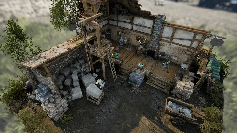 Изображение показывает вид на деревенскую постройку с различными предметами и оборудованием, включая лестницу и тележку.