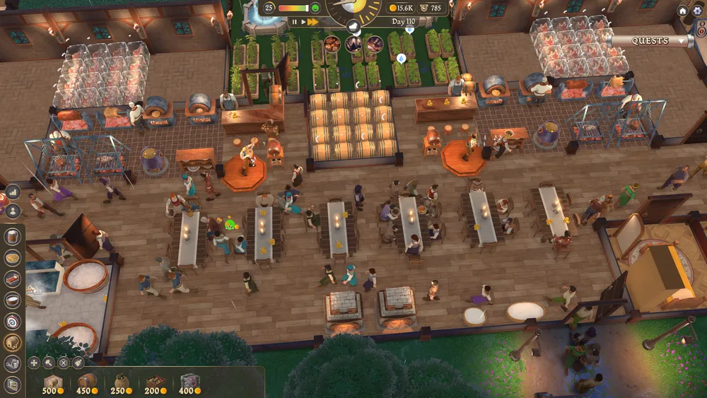 Изображение показывает интерьер заведения с множеством людей, столами и кухонным оборудованием.