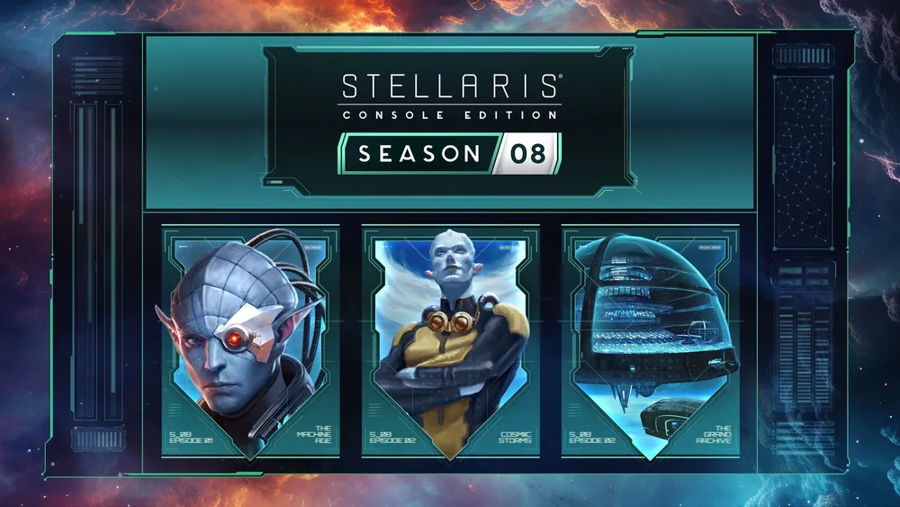 Изображение, связанное с видеоигрой Stellaris, показывает элементы интерфейса и персонажей игры, в том числе инопланетных существ.