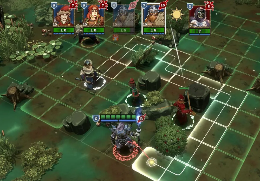 Изображение представляет собой игровую сцену с персонажами на тактическом поле. Видны элементы стратегии и игрового процесса.