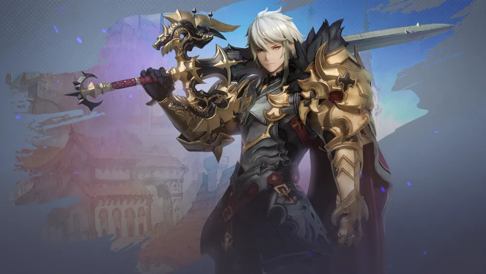 Изображение анимированного персонажа в доспехах с мечом, фон в фэнтезийном стиле.