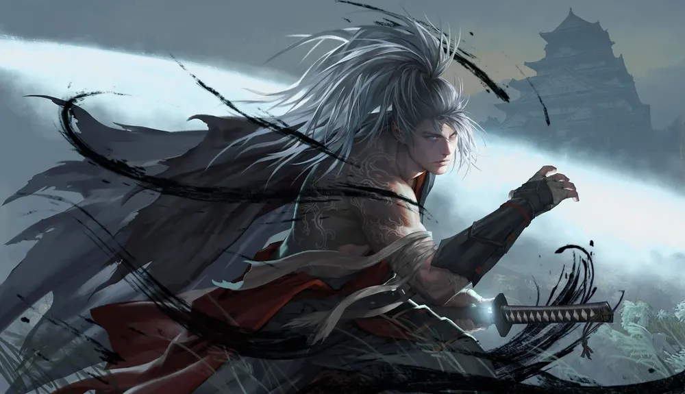 На картинке изображён персонаж с мечом, в фэнтезийном стиле, с длинными волосами и в доспехах, на фоне мрачного пейзажа.