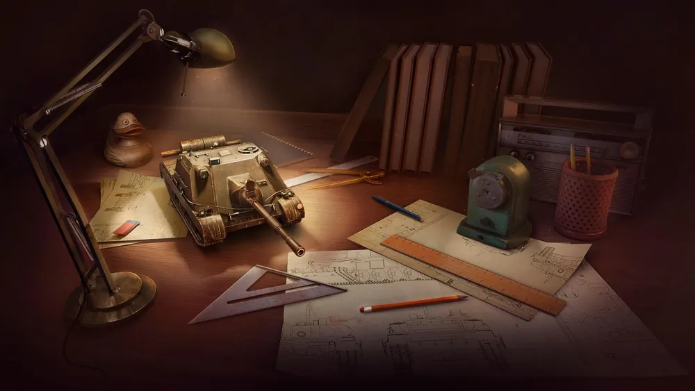 На изображении представлены стол, лампа, игрушечный танк, чертежи и канцелярские принадлежности.