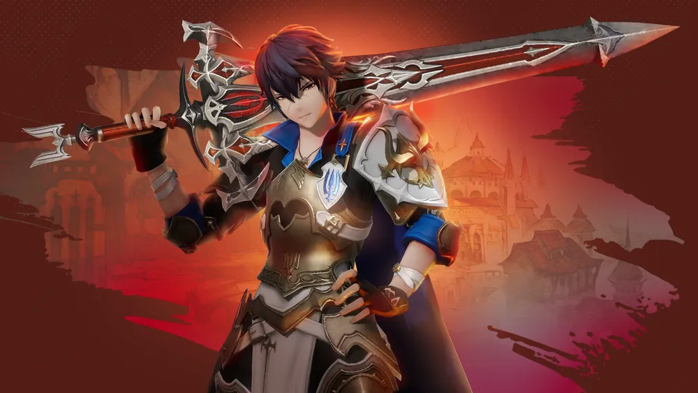 Изображение персонажа в доспехах с мечом, художественное оформление, фэнтезийный стиль.