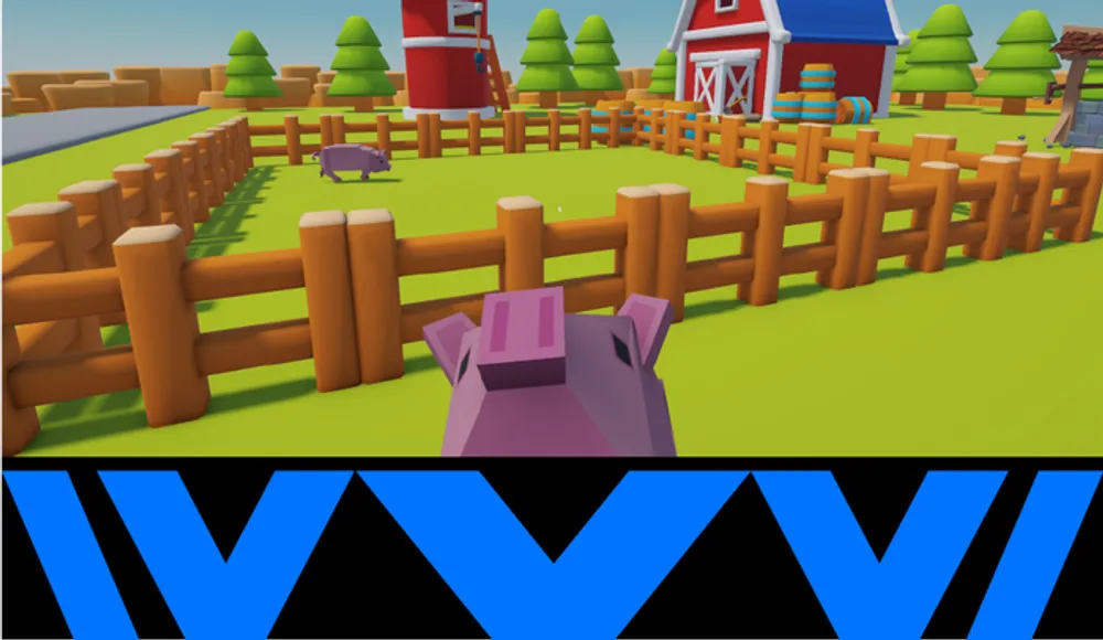 Изображение содержит стилизованную графику фермы с коровой и забором.