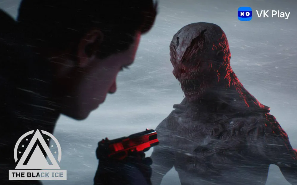 На картинке изображен человек с оружием, направленным на существо в зимней обстановке, без признаков запрещённого контента.